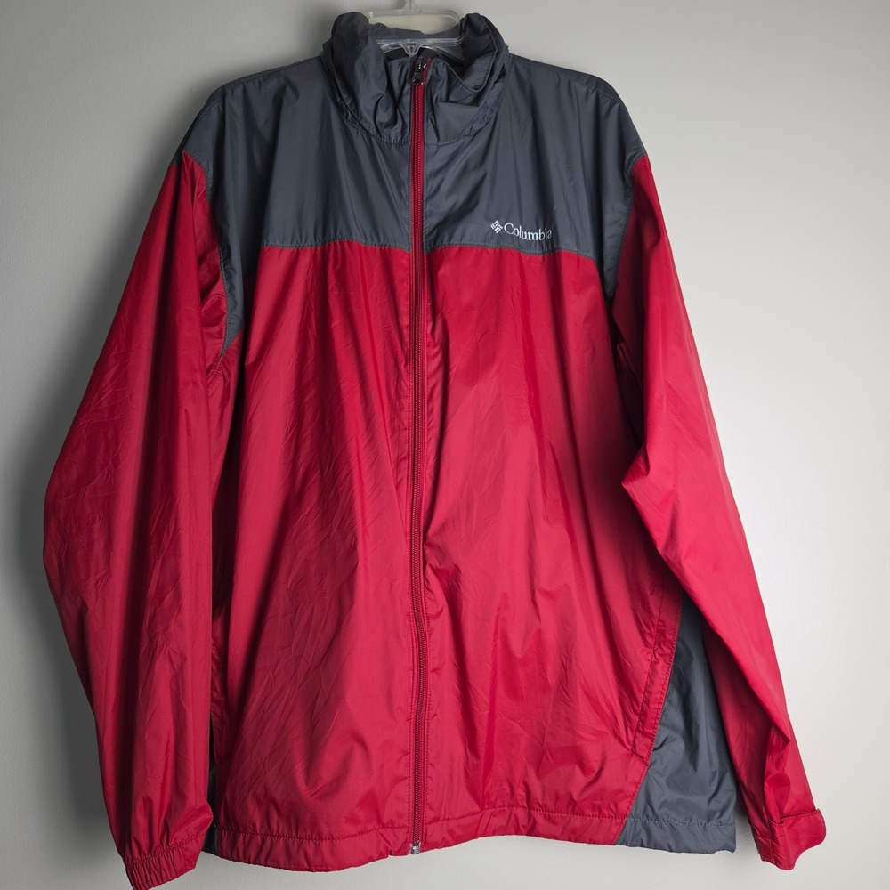Columbia Omni-Shield Mens XL Red Gray Colorblock Hooded Windbreaker Jacket